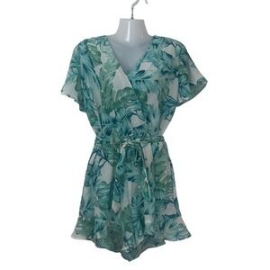 Gibson Womens Tropical Palm Leaf Print Romper Green Teal XS Short Sleeve‎ V-Neck